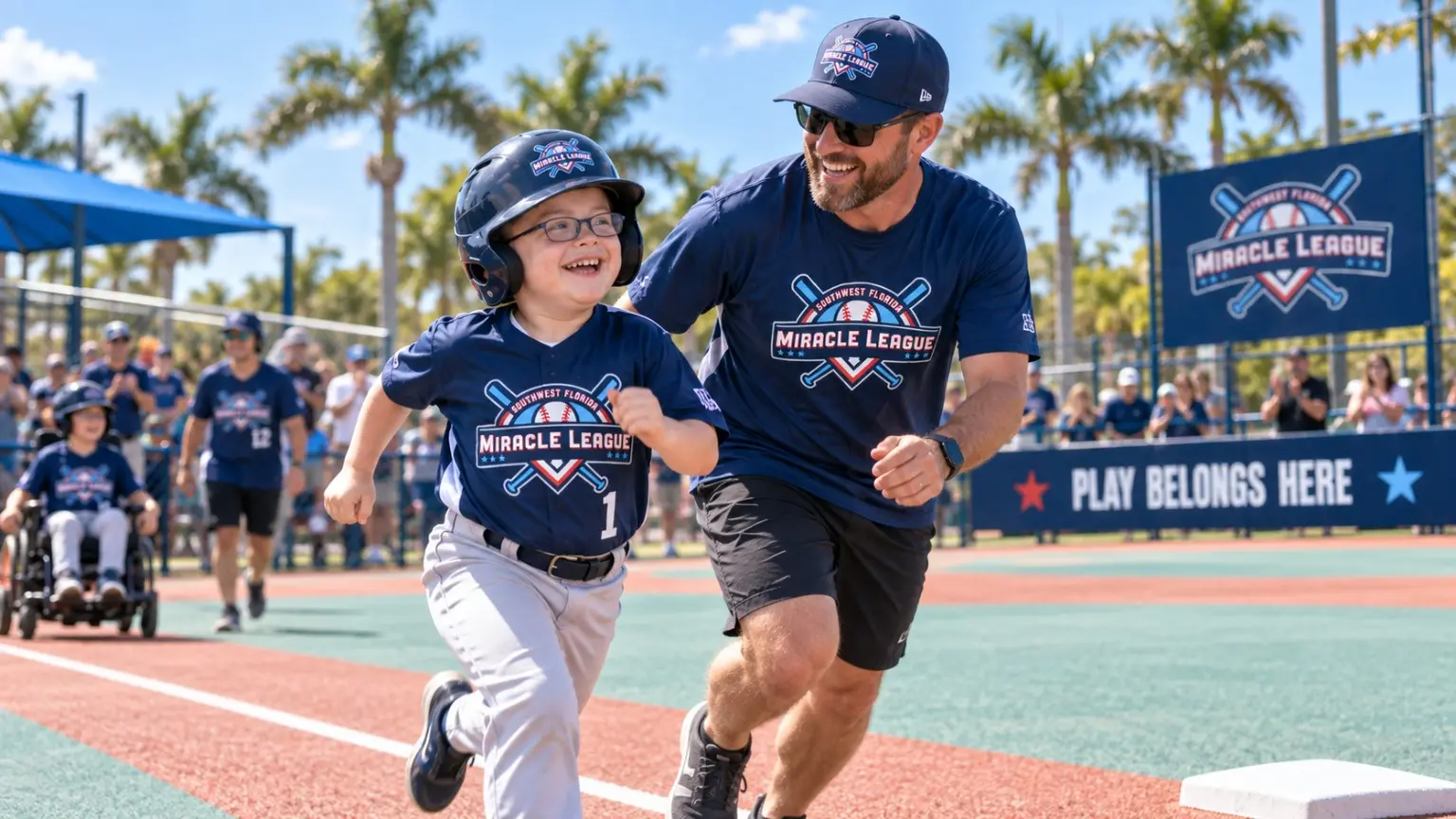 A smiling Miracle League athlete running the bases with a coach on an accessible baseball field in Southwest Florida