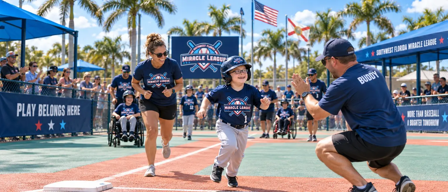 A Miracle League athlete running toward a buddy on a rubberized accessible baseball field