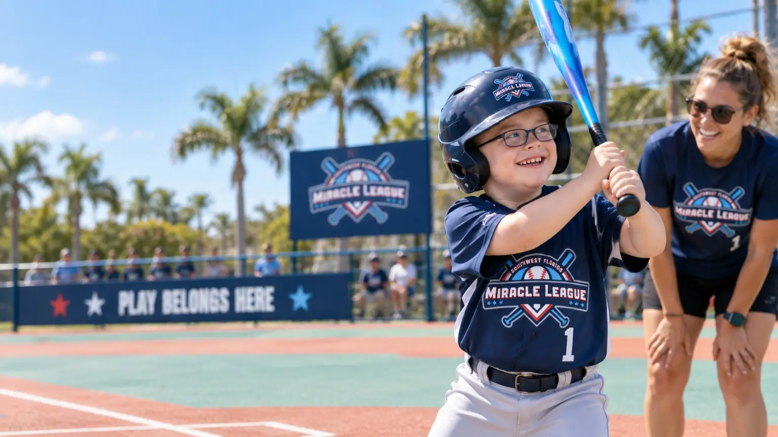 A smiling Miracle League athlete holding a bat on an accessible baseball field in Southwest Florida