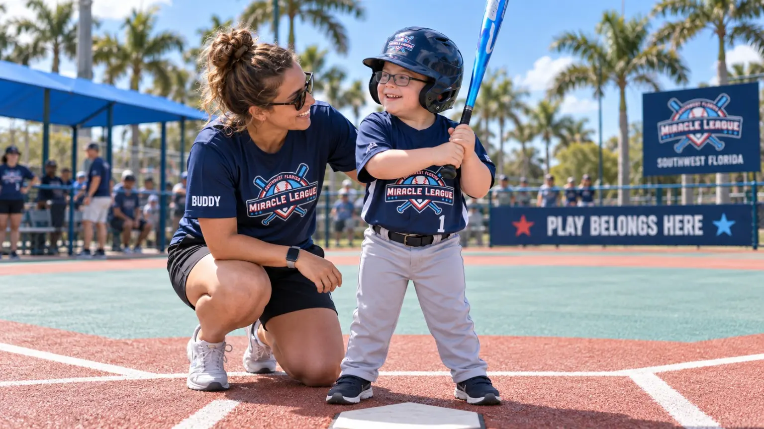 A young Miracle League athlete smiling with her volunteer buddy on the field