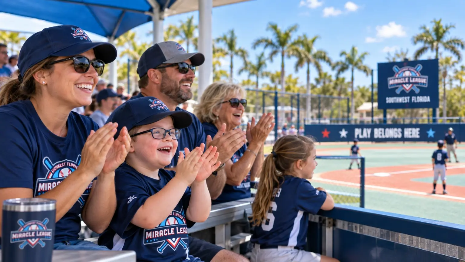 A family cheering together from an accessible baseball dugout in Southwest Florida