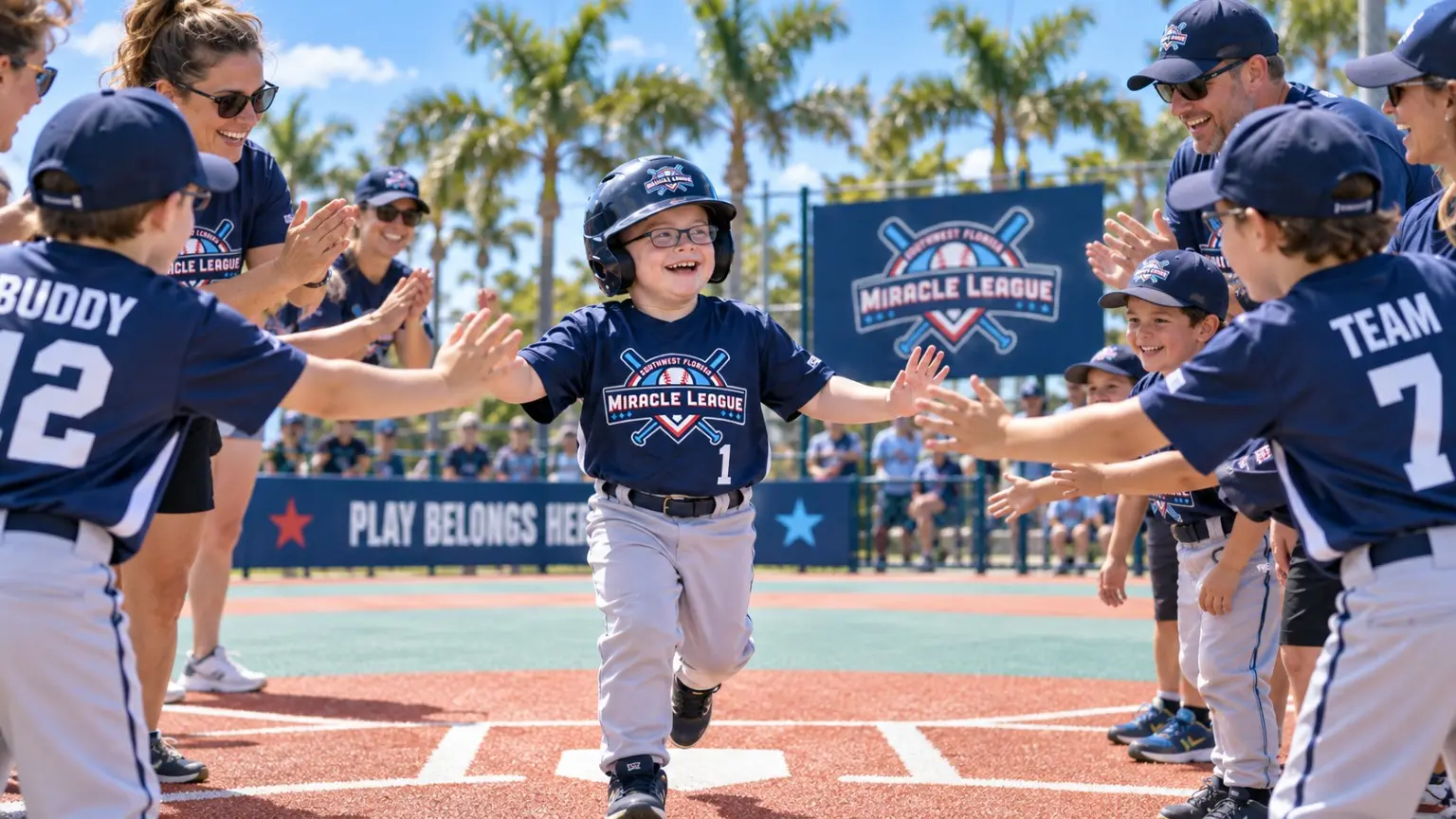 A Miracle League athlete being welcomed at home plate by teammates and buddies