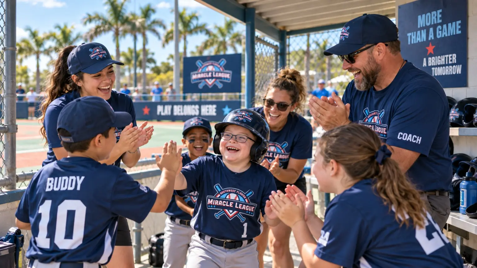 A Miracle League athlete celebrating with buddies, coaches, and teammates in Southwest Florida