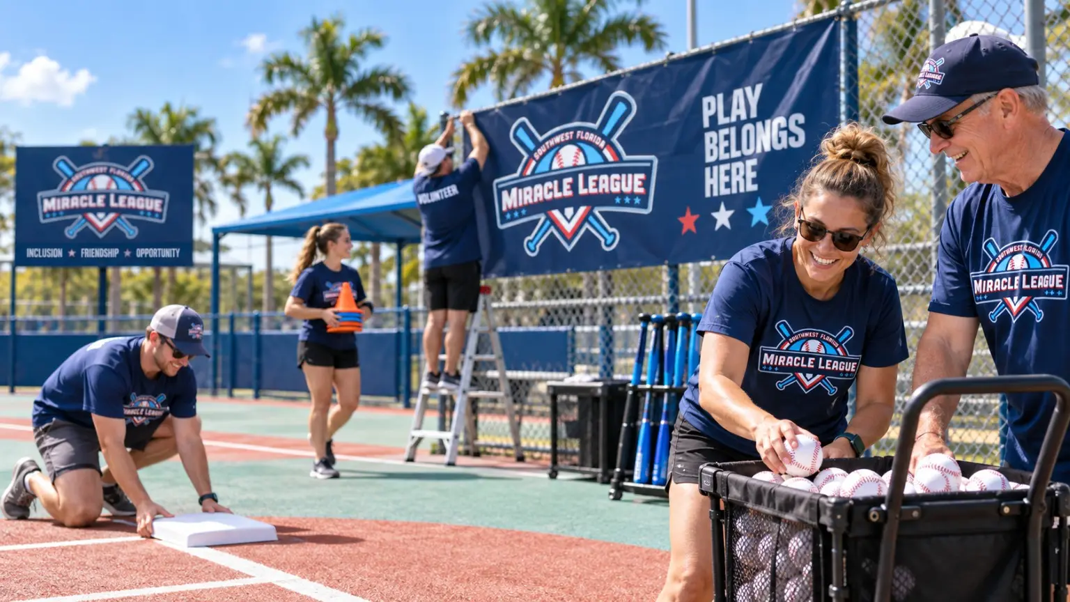 Miracle League volunteers preparing an accessible baseball field before a game